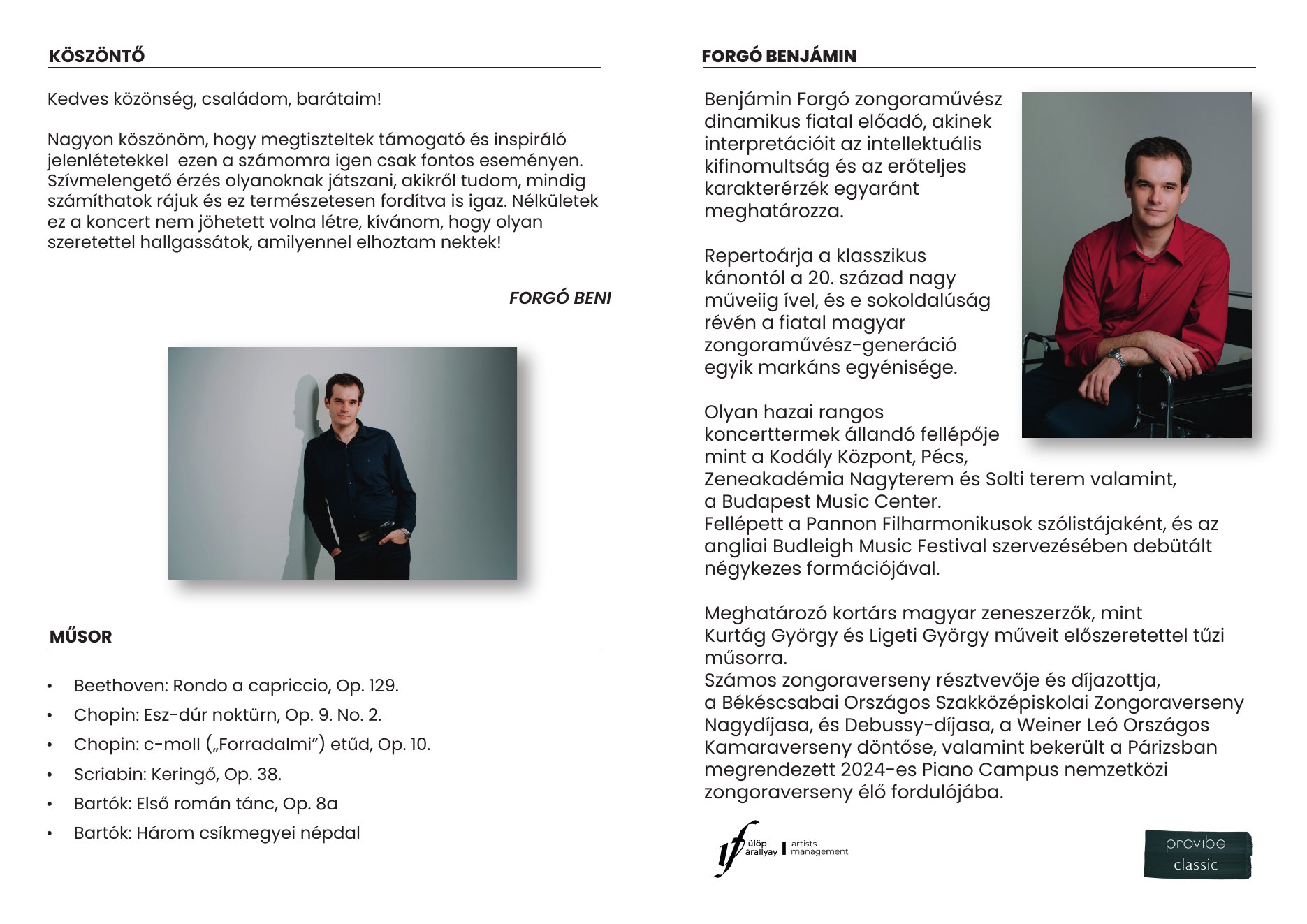 Inside spread of the booklet with the programme and the artist's biography