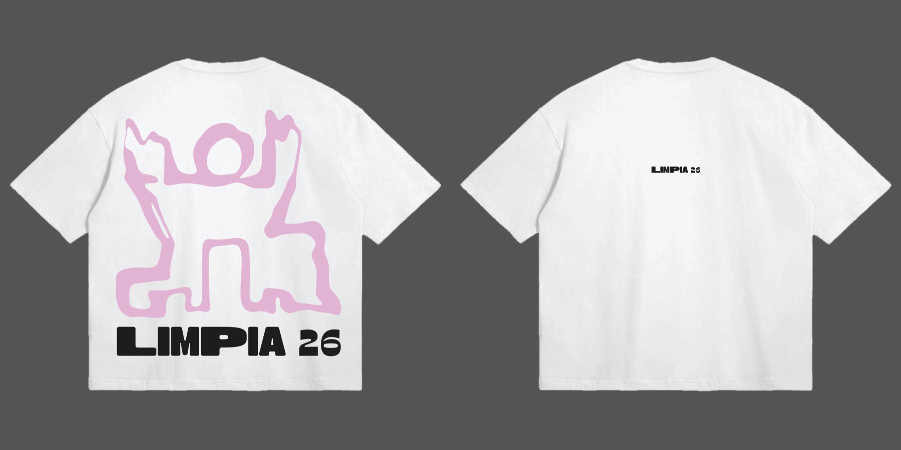 Limpia 26 T-shirt, back with a large pink figure and front with a small logo